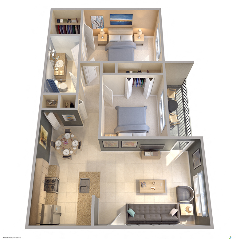 Floor plan for 2 beds, 1 bath, 850 sqft